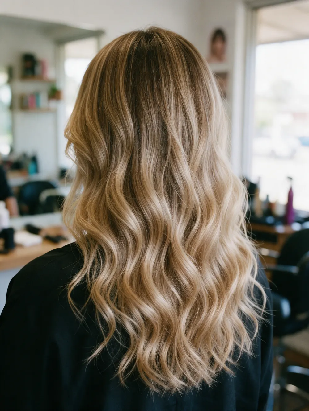Soft honey balayage, styled in loose waves